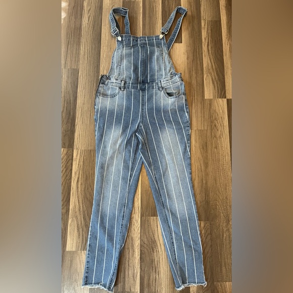 Almost Famous Light Blue and White Striped Skinny Overalls SZ M - Picture 4 of 15